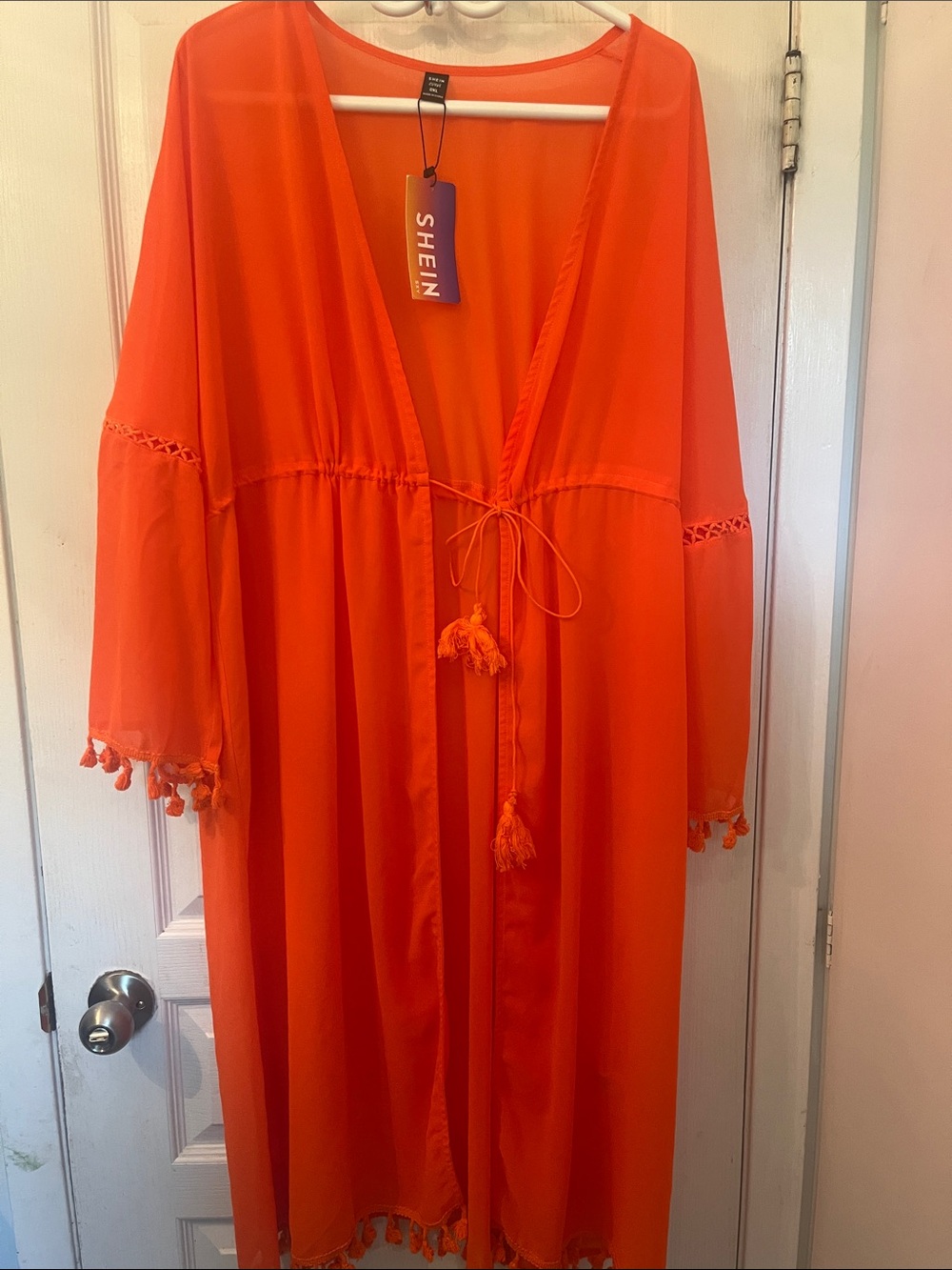 SHEIN Bright Orange Tassel Tie-Front Sheer Cover-Up Robe